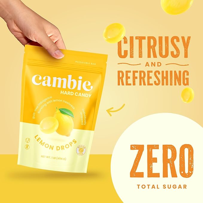 Cambie Sugar Free Lemon Drops, 1 lb of Sugar Free Hard Candy, Individually Wrapped Lemon Drops with a Refreshing & Sweet Citrus Flavor, Packaged Fresh in a Resealable Pouch