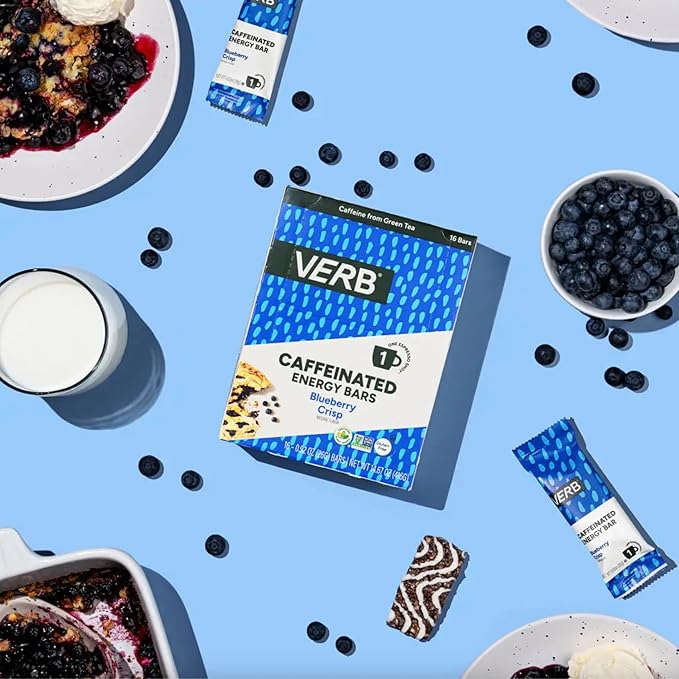 Verb Caffeinated Energy Bars Blueberry Crisp (26g, Pack of 16) 110-Calorie Delicious Low Sugar Energy Bar - Vegan Gluten Free On-the Go Snack with 80mg Green Tea Caffeine, Only Real-Food Ingredients