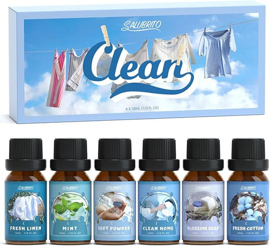 SALUBRITO Clean Fragrance Oils Set, Premium Essential Oils Set for Diffuser, Candle, Soap Making, Fresh Cotton, Clean Home, Fresh Linen, Soft Powder, Blossom Soap, Mint, Strong Scented Oils