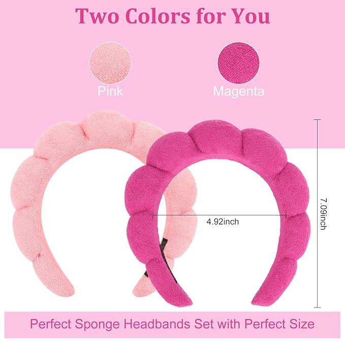 AMCAMI Puffy Spa Headband for Women Sponge Headbands for Girls 2 PCS Terry Towel Cloth Fabric Head Band for Skincare,Makeup Removal,Face Washing,Facial Mask,Shower,Hair Accessories(Red&Light Pink)