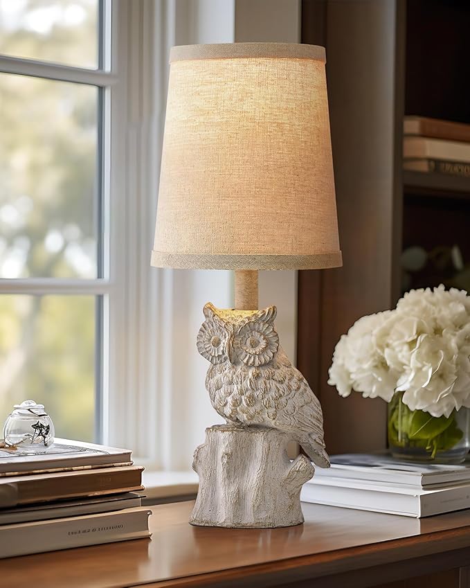 14.25" Small Table Lamp for Living Room Farmhouse Bedside Resin Single Lamp with White Owl Lamp Shape for Bedroom Retro Rustic Nightstand Lamp