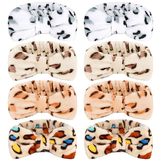 Ondder Leopard Terry Cloth Spa Headbands for Skincare, Makeup, Face Washing - 8 Pcs Bow Hair Bands for Women