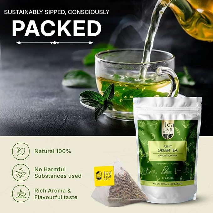 Tealeaf & Co. Mint Green Tea Bags Blended with Fresh Herbs - Spearmint & Peppermint Tea - Contains Low Caffeine - Gluten Free - 100 Teabags (7.055oz/200gm)