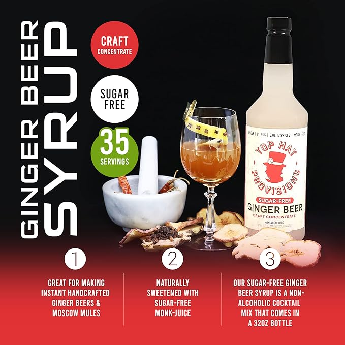 Top Hat Keto Sugar Free Diet Ginger Beer Syrup - Made with Organic Monk Fruit – Zero Sugar Ginger Syrup for Soda Makers - Makes 32 Craft Sodas, Cocktails, Mules or Mocktails - Compatible with SodaStream - 32oz bottle