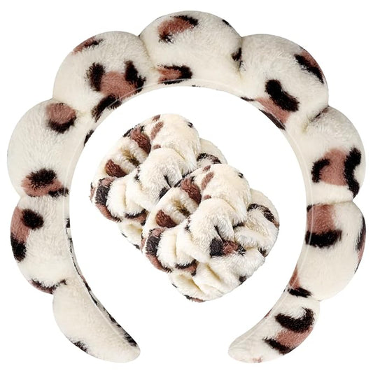 Zkptops Spa Headband for Washing Face Wristband Set Sponge Makeup Skincare Headband Wrist Plush Bubble Get Ready Hairbands for Women Puffy Headwear Non Slip Thick Thin Hair Accessory(Beige Leopard)