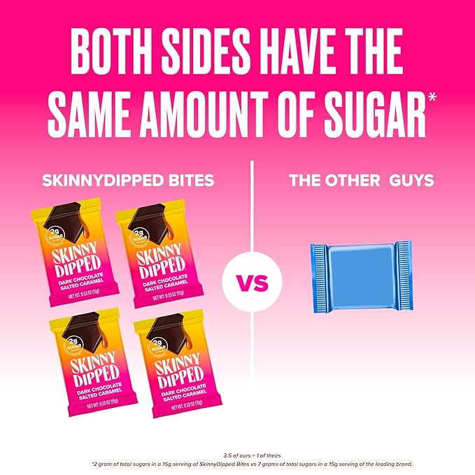 SkinnyDipped Dark Chocolate Salted Caramel Bites, 2g Sugar per Piece, Keto Friendly, Low Calorie Gluten Free, 4 Pack