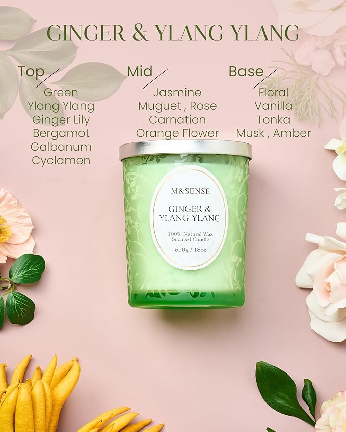 M&SENSE Ginger Ylang Ylang Scented Candle, Cracking Wooden Wick Soy Wax, 18oz 100 Hours Long Lasting Clean Burn, Large Jar Candles for Home Decor, Non-Toxic Relaxing Aromatherapy Gifts for Women