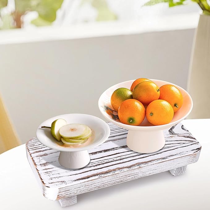 Bathroom Counter Organizer Wooden Display Stand White Pedestal Stand Kitchen Countertop Trays Decoration Small Wood Riser Dish Soap Dispenser Holder for Bathroom Decor Sink Accessories Vanity Tray