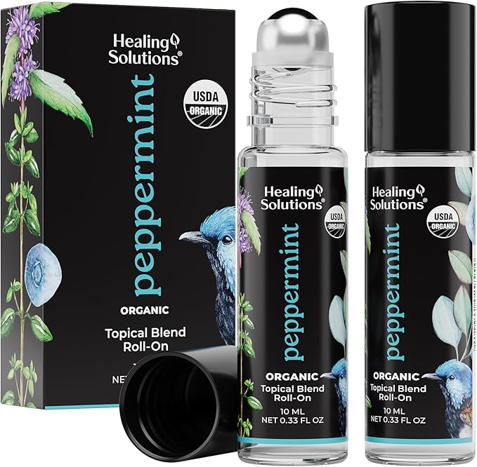Healing Solutions (2 Pack) USDA Certified Organic Peppermint Essential Oil Roll-On Set for Body & Skin Care - Peppermint Essential Oil Roller