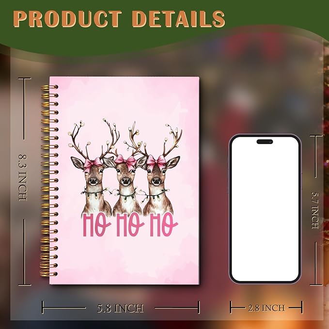 Exqcom Pink Christmas Reindeer Spiral Notebook Gifts, Coquette Pink Bow Deer Animal Journal for Women, Hohoho Xmas Winter Holiday Hardcover Notebook Journal Office School Supplies, 5.5x8.3 Inch