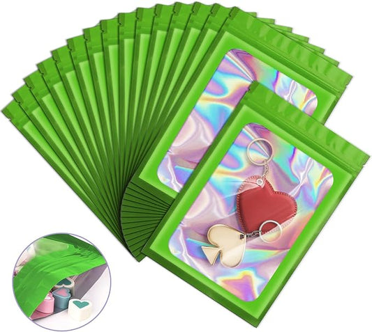 100 Pieces Smell Proof Mylar Resealable Bags, Holographic Packaging Bags, Resealable Odor Foil Pouch Zipper Bag with Clear Window for Food Storage and Lipgloss, Jewelry Lash(Green, 3.1 x 5.1 Inch)