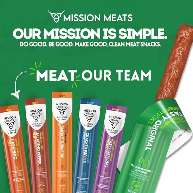 Mission Meats Variety Pack with Certified Organic Beef, Grass Fed, Free Range Turkey, and Cracked Pepper Pork – Gluten & Sugar Free, Whole 30 & Paleo Friendly, Delicious and Family Friendly (24 Count)