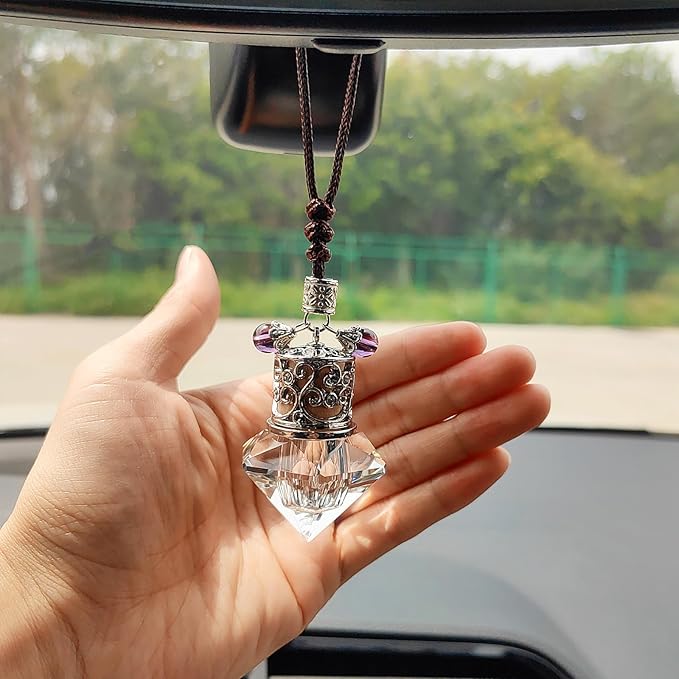 Car Air Freshener Diffuser Hanging Ornament, Diamond-Shaped Empty Crystal Bottle Car Mirror Hanging Accessories, Elegant Bottle Pendant with Wooden Caps Rear View Mirror Accessories