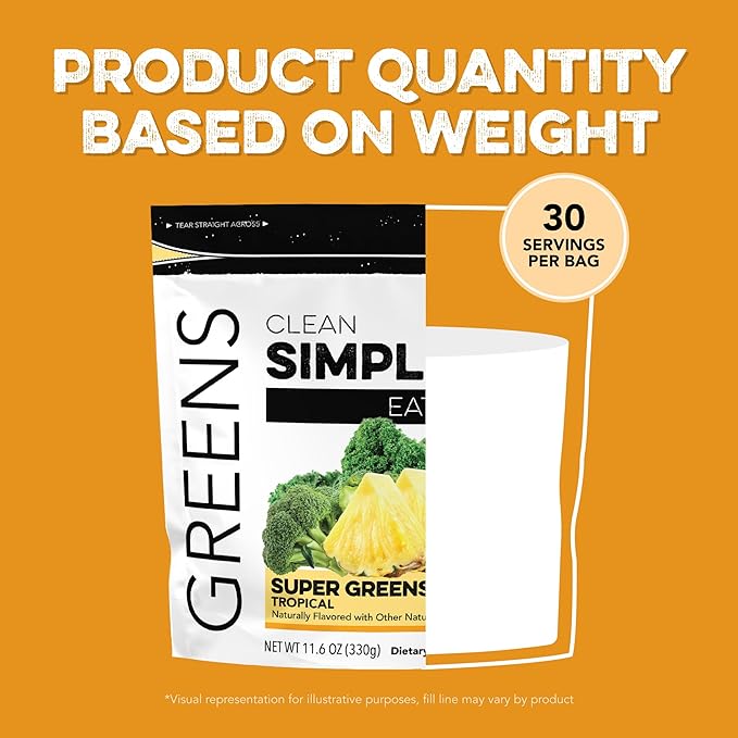 Clean Simple Eats Super Greens Powder, Naturally Flavored Greens Powder with Chlorella, Spirulina, Superfoods & Prebiotic Fiber, No Artificial Ingredients, Gluten Free, Tropical Greens Flavor, 30 Srvg