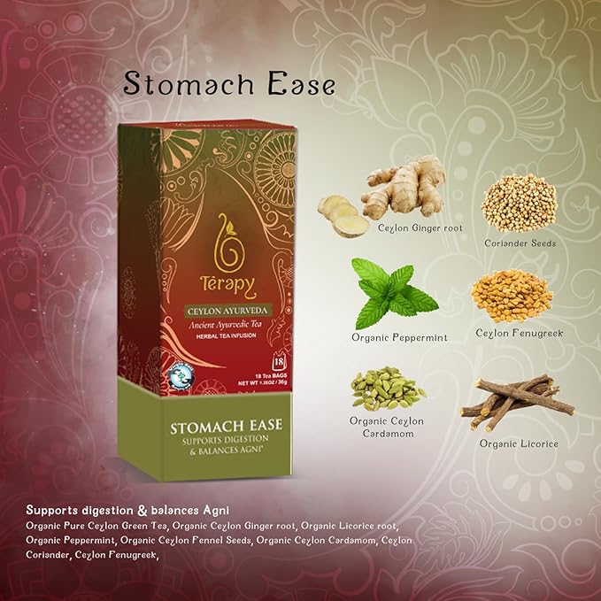 Tรฉrapy Ceylon Stomach Ease Herbal Tea Bags | Soothes Stomach & Supports Healthy Digestion | All Natural Ayurvedic Ingredients Including Peppermint, Ginger, Licorice | 18 Individually Wrapped Tea Bags