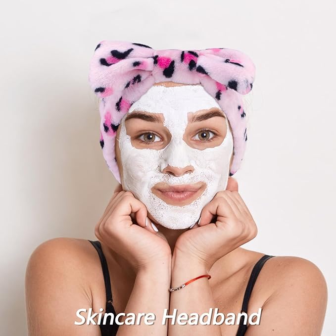 VELSCRUN 6 Pack Spa Headband, Makeup Headband, Face Wash Headbands, Skincare Headbands, Pink Leopard Sponge Hair Band Bow Tie Spa Head Band for Washing Face Wristband Set Hair Accessories for Women
