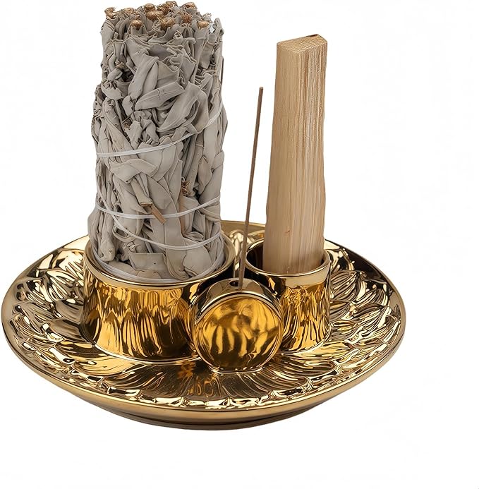 4 in 1 Incense Holder, Ceramic Incense Stick and Palo Santo Holder,Sage Holder for Burning- 5.5" Ceramic Ash Catcher Tray for Meditation and Yoga Room (Golden)