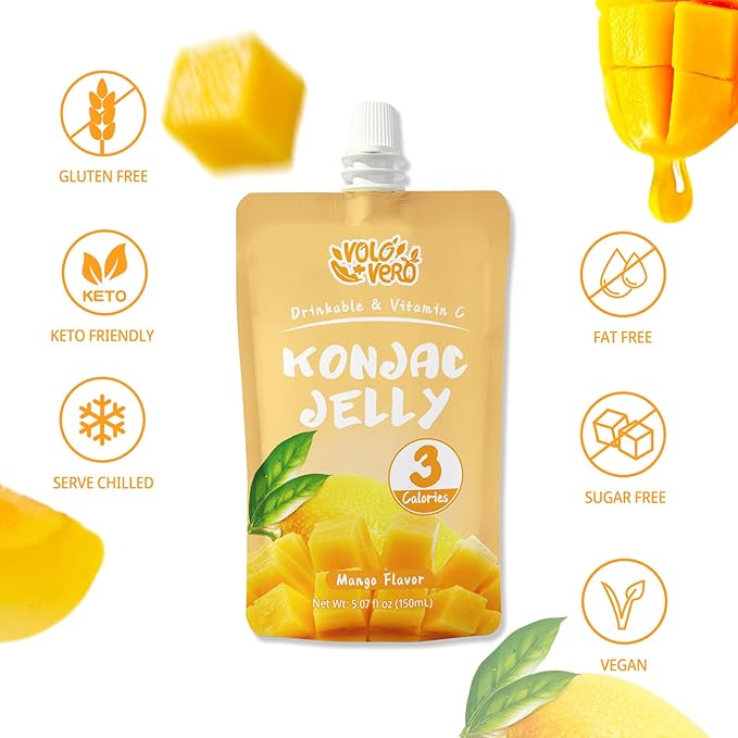 VOLO VERO Konjac Jelly Squeeze Pouch Mango Flavor, Low Calories (3 Kcal), 10 Packs, Gluten Free & Vegan, 0 Sugar, Keto, Low Carb, Drinkable Vitamin C Healthy Fruit Snacks, Holiday Gifts