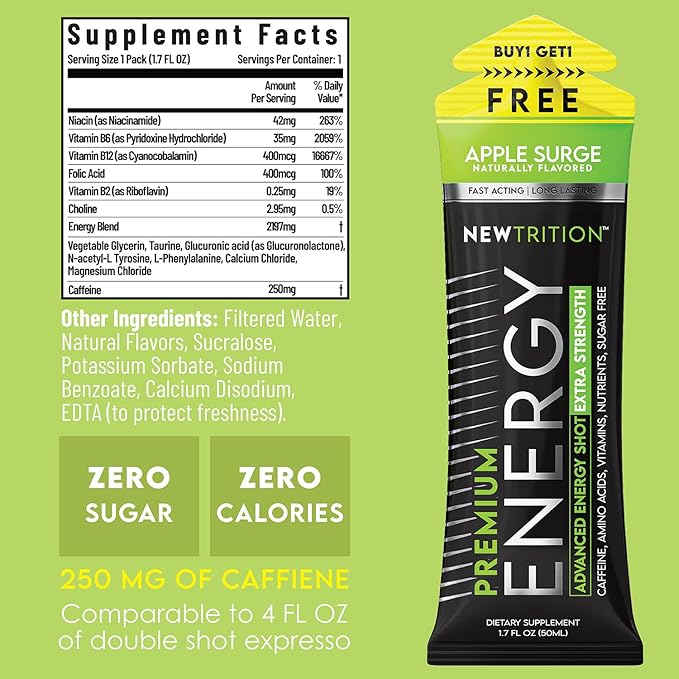 NewTrition® Extra Strength Energy Shots, 250mg Caffeine Energy Shots with Vitamin B & Amino Acids, Sugar-Free Vitamin Energy Shot, 1.7 fl oz (Pack of 24, Apply Surge)