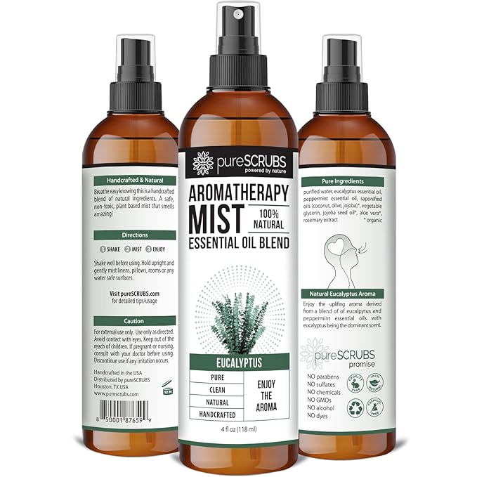 SHAKE, MIST & ENJOY - pureSCRUBS Premium Eucalyptus Aromatherapy Spray Mist for Room, Body, Linens, 100% Natural Essential Oils Plant Based Formula - One 4oz Bottle