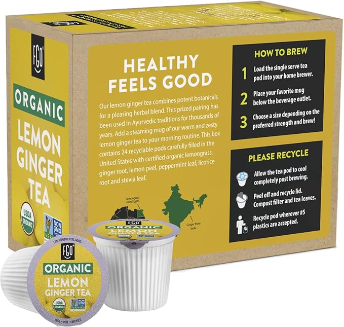 FGO Organic Premium Lemon Ginger Tea K-Cup Pods for Keurig, 24 Count (Pack of 1), Naturally Caffeine-Free Herbal Tea is USDA Organic, Non-GMO, & Recyclable