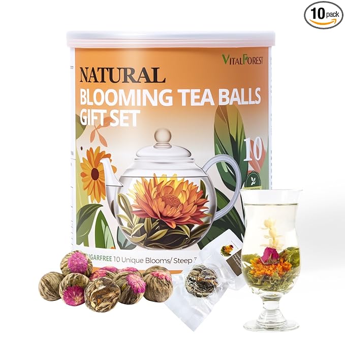 Blooming Tea Gift Set, 10 Unique Varieties Flowering Tea Balls, VitalForest Individual Packing Handmade Blooming Green Tea with Flowers for Anniversary, Valentine, Birthday