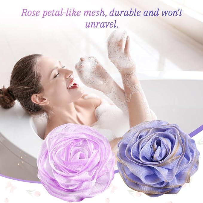 Bath Loofah, Shower Loofah, Body Loofah, Bath Sponge, Shower Sponge, Body Sponge, Bath Scrubber, Shower Scrubber, Body Scrubber, Rose-Shaped, Elegant (Set of 2 Pieces,Purple and Grey)