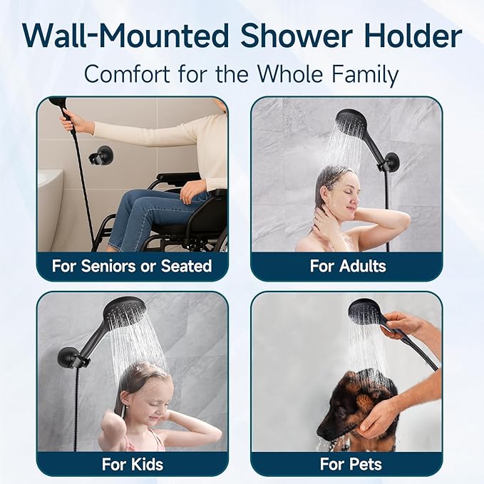 BRIGHT SHOWERS Strong Adhesive Shower Head Holder with Dual Angle Adjustable, Wall Mounted Handheld Shower Bracket, Easy Installation, Screw Mounting Options, Matte Black