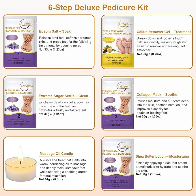 Deluxe Pedicure 6 Step in 1 Box – Epsom Salt, Callus Remover, Extreme Sugar Scrub, Collagen Mask, Massage Oil Candle & Shea Butter Lotion. (Lavender 01 Set)