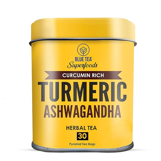 BLUE TEA - Turmeric Tea - Ashwagandha - 30 Count - Pyramid Plant Based Tea Bag | CURCUMIN RICH - HERBAL BLEND | Herbal Tea - Caffeine Free - Non-GMO - Vegan - Gluten Free - No Sugar | Reusable Tin Pack
