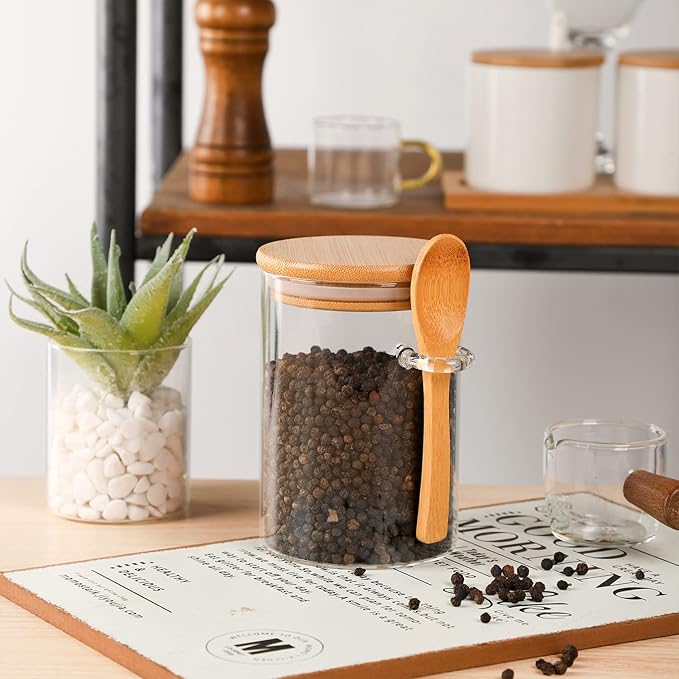 WHJY Glass Glass Jar with Lid and Spoon, Airtight Glass Jars bamboo lids, overnight oats jars, Dog Treat Jar for Pet, Glass Candy Cookies Coffee Canister Jar Bath Salt Container - 20 oz (1)