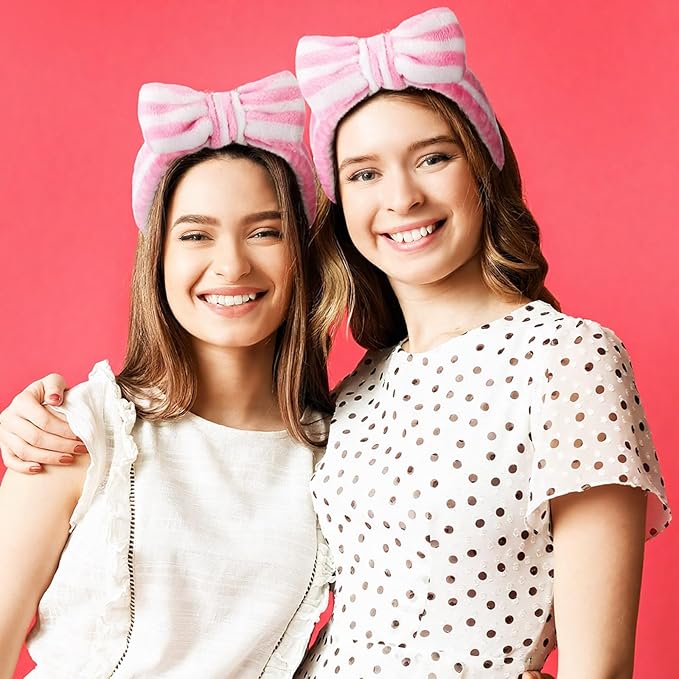 25 Pcs Spa Headband Bulk Makeup Headbands for Washing Face Cute Bow Hairbands Soft Coral Fleece Hairbands for Women Face Skin Care Makeup Spa Gift Shower Yoga (Stripe Pattern,Pink)