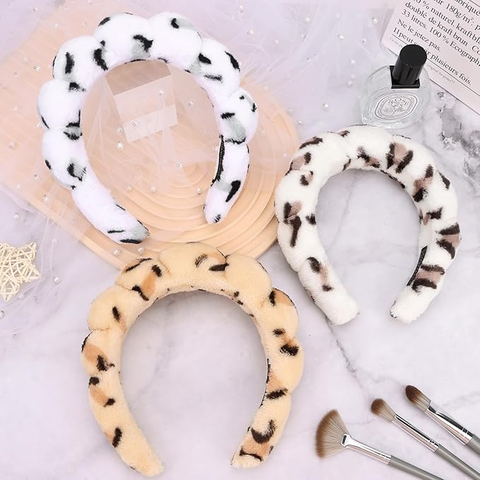 3 Pack Terry Cloth Headbands - Puffy Hair Bands for Skincare, Makeup, and Face Washing with Sponge