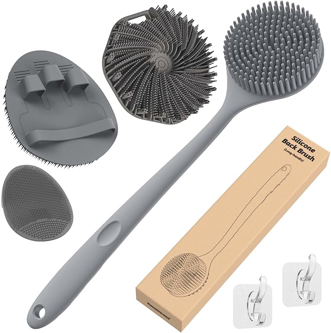 Manmihealth Silicone Back Scrubber & Soft Bath Glove Set 4 PCS(Thick Bristles), Super-Exfoliating Body Scrubber & Super-Lathering Shower Brush Combination, with a Free Hook(Gray)