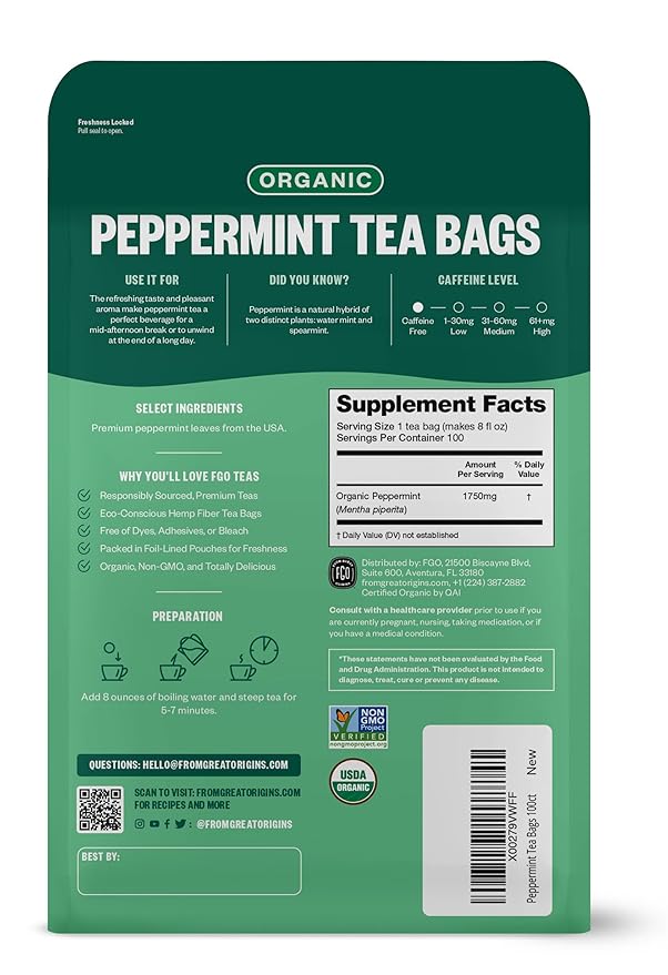 FGO Organic Peppermint Tea, 100 Count, Eco-Conscious Tea Bags, Caffeine Free, Packaging May Vary (Pack of 1)