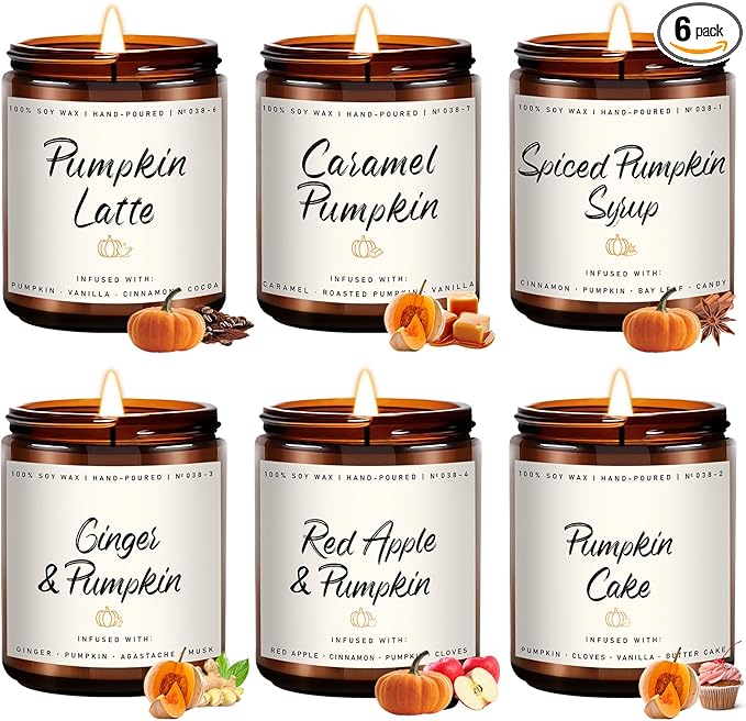 Auelife Fall Scented Candles - Pumpkin Candle Set of 6 | Ginger, Apple, Cake, Caramel, Latte & Spiced Pumpkin Soy Candles | Autumn Candle for Home Décor & Gifts for Women, Cozy Fall Aromatherapy