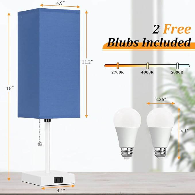 18'' Table Lamp for Bedroom set of 2,3-Color Bedside Lamps with Pull Chain Table Lamps for Night stands ,Small Night Light Lamps with 2 Bulbs Lamps for Living Room Kids Room Office Decor(Blue+White)