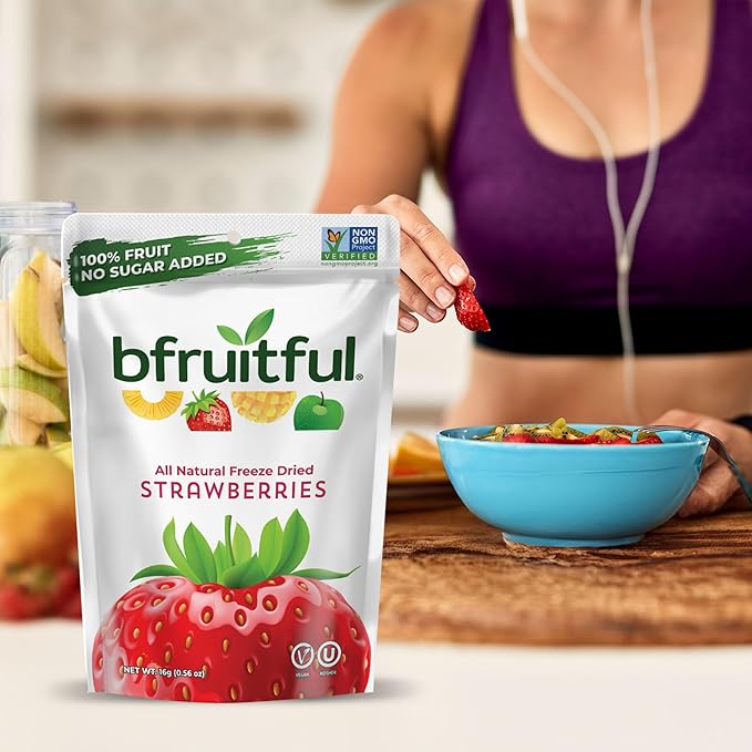 bfruitful Freeze-Dried Strawberries, Freeze Dried Fresh Fruit Bites, Gluten Free, Vegan, Dairy Free, Kosher, No Sugar Added, Non GMO, Healthy Snacks for Kids or Adults, 0.56 oz Single-Serve Snack Packets, 24 Pack