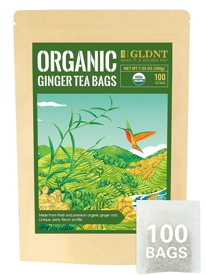 GLDNT Organic Ginger Tea Bags, Natural Organic Ginger Root Tea, Spicy & Zesty Flavor, Caffeine Free, 100 Count
