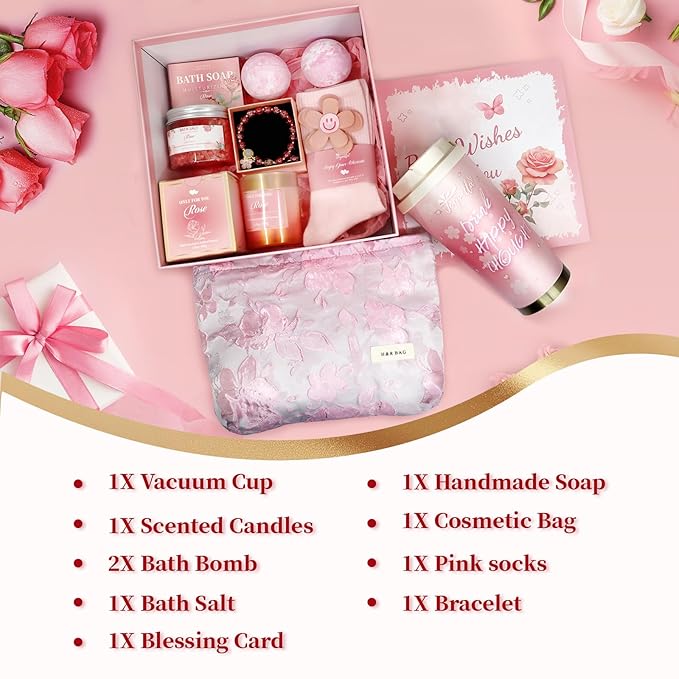 Birthday Gift for Women Spa Gift Set - Unique Get Well Soon Gifts for Women, Relaxing Self Care Package for Her, Christmas Gifts for Mom, Wife, Sister, Friend, Female Coworker (Rose)