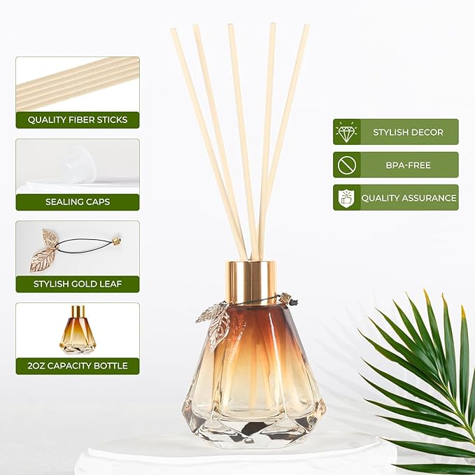 4pcs Reed Diffuser Empty Bottles With 20pcs Sticks, Delicate Gold Leaf Decor, Glass Fragrance Set With Lids for Home, Bathroom | Refillable, Diamond Style Gold
