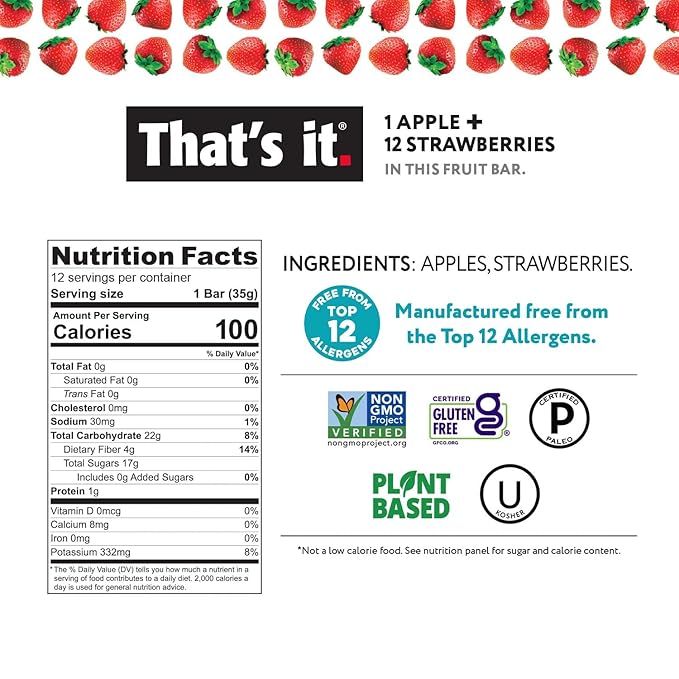That's it. Variety Pack 100% Natural Real Fruit Bar, Best High Fiber Vegan, Gluten Free Healthy Snack, Paleo for Children & Adults, Non GMO No Added Sugar, No Preservatives Energy Food (12 Pack)