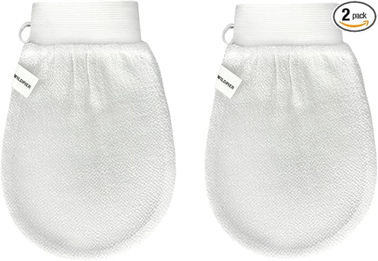 Wildpier Beauty Exfoliating Glove 2 Pack Mitt Body Scrub for Bath Shower Spa Hand Exfoliator Gloves, Dead Skin Cell Remover, Plant Based Deep Exfoliation Scrubber, White