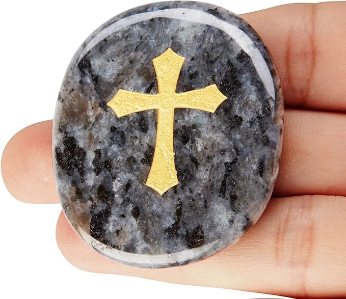 LAIDANLA Black Labradorite Cross Engraved Healing Crystal Worry Stones for Pray Faith Anxiety Relief Oval Palm Stone Polished Natural Crystal Gifts