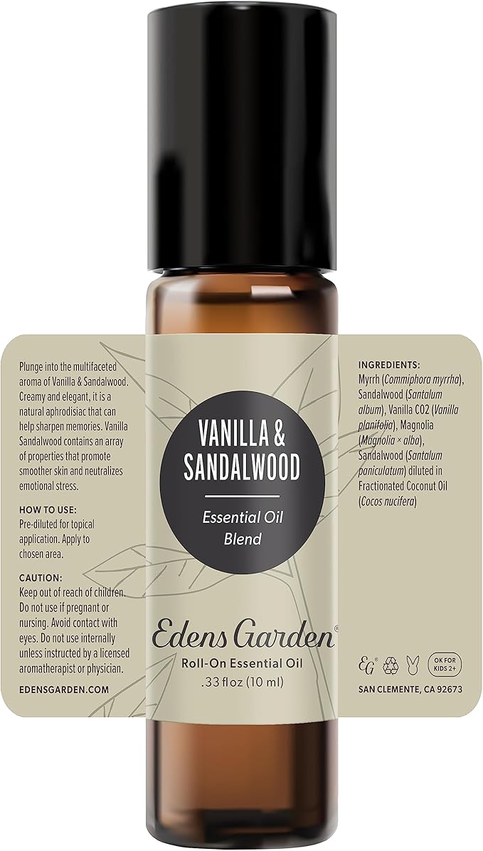 Edens Garden Vanilla Sandalwood Essential Oil Roll-On Blend- 100% Pure Premium Grade, Natural, Therapeutic, Aromatherapy, Kid Safe, Best for Gifts, Wellness, Relaxation Pre-Diluted 10 ml (.33 fl oz)