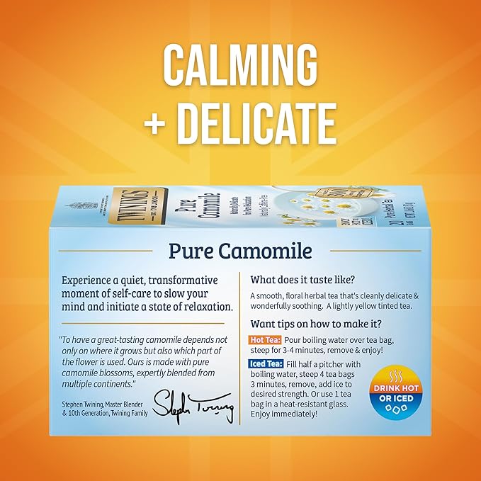 Twinings Pure Camomile Herbal Tea Individually Wrapped Bags, Calming & Delicate, 20 Count (Pack of 6), Naturally Caffeine-Free, Enjoy Hot or Iced, 120 Teabags