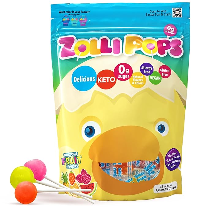 Zollipops Easter Duck Clean Teeth Pops Sugar Free Candy with Xylitol, Dye-Free Lollipops - Keto & Diabetic-Friendly, Dentist-Approved Treats for Kids (Assorted Fruit, 5.2 oz)
