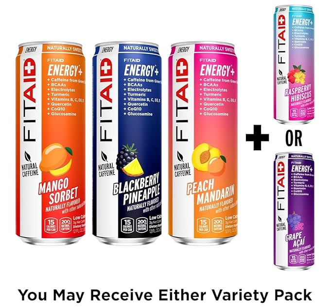 LIFEAID FITAID Energy Drink, 200mg Natural Caffeine, Keto, 15 Calories, Variety Pack, BCAAs, Quercetin, Electrolytes, Omega-3s, Paleo, Vegan & Gluten-Free, 12-oz. cans (Pack of 24)