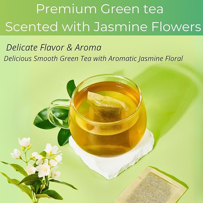 Organic Jasmine Green Tea Bags| 50 Count Unbleached ECO-Conscious Jasmine Tea Bags| VitalForest Te Verde Organico Natural Green Tea Loose Leaf| Canister Pack for Freshness