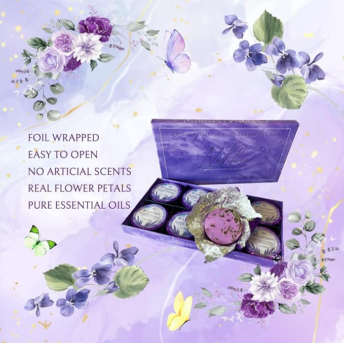 8 Lavender Shower Steamers, Natural Ingredients with Pure Essential Oils & Real Flowers. An Affordable Luxury Self-Care Gift for Men & Women, Create a Calm & Stress Relieving Spa-Like Therapy at Home.